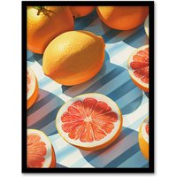 Artery8 Wall Art Print Pink Grapefruit Summer Fruit Slice Pattern Design Art Framed Poster in Black | Size: A4