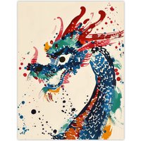 Artery8 Wall Art Print Colourful Chinese Dragon Watercolour Paint Splat Poster | Size: W12" x H16"