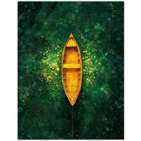 Artery8 Wall Art Print Emerald Cove Cave Gold Sunlight Boat Aerial View Poster in Green | Size: W18" x H24"