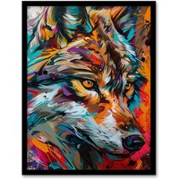 Artery8 Wall Art Print Colourful Abstract Wolf Head Portrait Painting Art Framed Poster in Black | Size: W12" x H16"