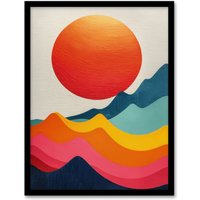 Artery8 Wall Art Print Abstract Waves Sunset Sun Vibrant Oil Painting Art Framed Poster in Black | Size: W12" x H16"