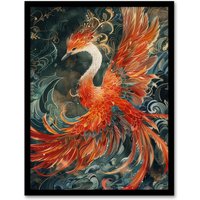 Artery8 Wall Art Print Phoenix Bird & Smoke Clouds Stylised Painting Art Framed Poster in Black | Size: A4