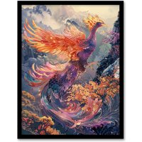Artery8 Wall Art Print Magical Phoenix Colourful Fantasy Concept Art Framed Poster in Black | Size: W12" x H16"