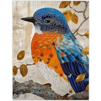 Artery8 Wall Art Print Stylised Chinese Blue Flycatcher Gold Leaf Branch Poster in Beige | Size: W18" x H24"