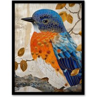 Artery8 Wall Art Print Stylised Chinese Blue Flycatcher Gold Leaf Branch Art Framed Poster in Black | Size: A4