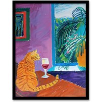 Artery8 Wall Art Print Ginger Tabby Cat Wine Plant Lover Quiet Afternoon Art Framed Poster in Black | Size: W12" x H16"