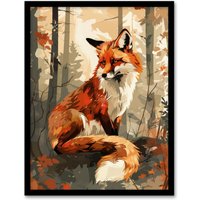 Artery8 Wall Art Print Red Fox Autumn Forest Landscape Portrait Design Art Framed Poster in Black | Size: A4