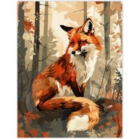 Artery8 Wall Art Print Red Fox Autumn Forest Landscape Portrait Design Poster in Orange | Size: W12" x H16"