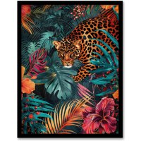 Artery8 Wall Art Print Fierce Leopard Exotic Floral Jungle Plants Art Framed Poster in Black | Size: A4
