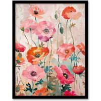 Artery8 Wall Art Print Poppy Flowers Orange Pink Red Floral Oil Painting Art Framed Poster in Black | Size: W12" x H16"
