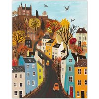 Artery8 Wall Art Print Castle Hill Road Drive Autumn Tree Cityscape Poster in Blue | Size: W24" x H32"