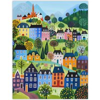Artery8 Wall Art Print Colourful Townscape Church in Spring Folk Art Poster | Size: W24" x H32"