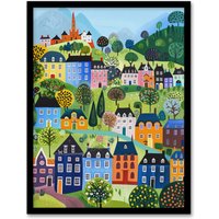 Artery8 Wall Art Print Colourful Townscape Church in Spring Folk Art Framed Poster in Black | Size: W12" x H16"