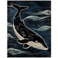 Artery8 Wall Art Print Whale & Ocean Waves Pattern Woodcut Painting Poster in Black | Size: W24" x H32"