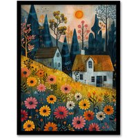 Artery8 Wall Art Print Countryside Spring Hill House Daisy Flowers Art Framed Poster in Black | Size: W12" x H16"