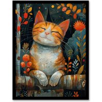 Artery8 Wall Art Print Happy Ginger Tabby in Nature Cat Lover Painting Art Framed Poster in Black | Size: A4