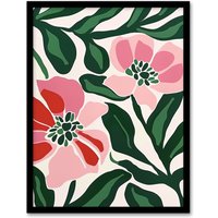 Artery8 Wall Art Print Abstract Flower Pattern Pink Green Bloom Detail Art Framed Poster in Black | Size: A4