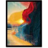 Artery8 Wall Art Print Coastal Sunrise Cliffside Beach Abstract Design Art Framed Poster in Black | Size: A4