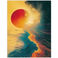 Artery8 Wall Art Print Sunset Waves Surreal Seascape Abstract Painting Poster in Yellow | Size: W24" x H32"