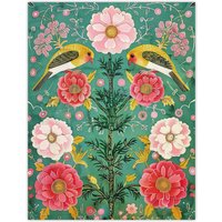 Artery8 Wall Art Print Birds on Flower Vintage Green Pink Floral Pattern Poster | Size: W12" x H16"