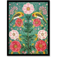Artery8 Wall Art Print Birds on Flower Vintage Green Pink Floral Pattern Art Framed Poster in Black | Size: W12" x H16"