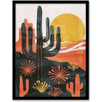 Artery8 Wall Art Print Desert Cactus Sunset Simple Bobo Cacti Landscape Art Framed Poster in Black | Size: A4
