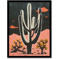Artery8 Wall Art Print Saguaro Cactus Pink Grey Desert Landscape Art Framed Poster in Black | Size: W12" x H16"