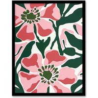 Artery8 Wall Art Print Flower Blooms Pink Green Bright Abstract Painting Art Framed Poster in Black | Size: W12" x H16"