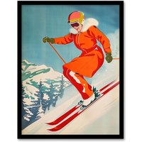 Artery8 Wall Art Print Woman Skier Skiing Mountain Slope Snow Alps Art Framed Poster in Black | Size: A4
