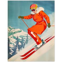 Artery8 Wall Art Print Woman Skier Skiing Mountain Slope Snow Alps Poster in Blue | Size: W12" x H16"