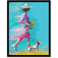 Artery8 Wall Art Print Woman & Pet Windy Walk Dog Lover Abstract Art Framed Poster in Black | Size: W12" x H16"