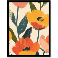 Artery8 Wall Art Print Simple Spring Flower Blooms Bright Painting Art Framed Poster in Black | Size: W12" x H16"