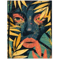 Artery8 Wall Art Print Woman Face Behind Jungle Plant Leaves Portrait Poster in Dark Blue | Size: W24" x H32"