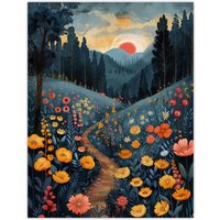 Artery8 Wall Art Print Wildflower Path at Sunset Floral Nature Landscape Poster in Blue | Size: W12" x H16"