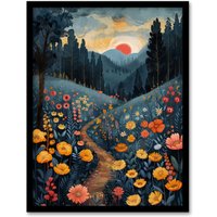 Artery8 Wall Art Print Wildflower Path at Sunset Floral Nature Landscape Art Framed Poster in Black | Size: W12" x H16"