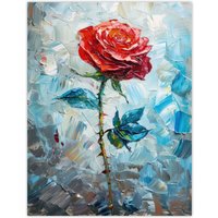 Artery8 Wall Art Print Single Red Rose Oil Painting Romance Artistic Poster in Blue | Size: W12" x H16"