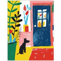 Artery8 Wall Art Print Pet Waiting for Owner Dog Lover Colourful Poster | Size: W12" x H16"