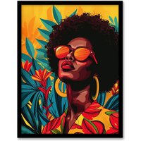Artery8 Wall Art Print Caribbean Woman Shades Pop Art Sunny Day Painting Art Framed Poster in Black | Size: A4