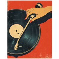 Artery8 Wall Art Print Vintage Retro Vinyl Record Player Spin 1950's Pulp Poster in Orange | Size: W12" x H16"