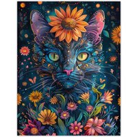 Artery8 Wall Art Print Mystic Cat in Flowers Hippy Night Abstract Animal Poster | Size: W24" x H32"