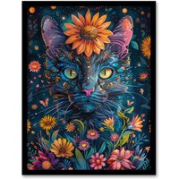 Artery8 Wall Art Print Mystic Cat in Flowers Hippy Night Abstract Animal Art Framed Poster in Black | Size: W12" x H16"