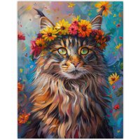 Artery8 Wall Art Print Hippy Maine Coon Cat in Flower Crown Fun Abstract Poster | Size: W18" x H24"