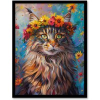Artery8 Wall Art Print Hippy Maine Coon Cat in Flower Crown Fun Abstract Art Framed Poster in Black | Size: A4