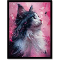 Artery8 Wall Art Print Maine Coon Cat in Hot Pink Painting Animal Lover Art Framed Poster in Black | Size: W12" x H16"