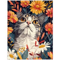 Artery8 Wall Art Print Cat in Wildflowers Painting Animal Lover Floral Poster in Orange | Size: W18" x H24"