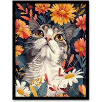 Artery8 Wall Art Print Cat in Wildflowers Painting Animal Lover Floral Art Framed Poster in Black | Size: A4