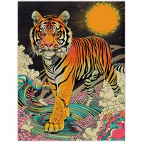 Artery8 Wall Art Print Psychedelic Tiger Rainbow Sun Bold Magic Design Poster in Orange | Size: W24" x H32"