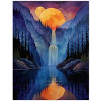 Artery8 Wall Art Print Mirror Moon Waterfall Watercolour Night Mystic Poster in Blue | Size: W18" x H24"