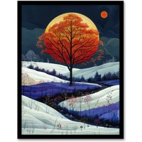 Artery8 Wall Art Print Autumn Tree at Night by Moon Painting Dream Snow Art Framed Poster in Black | Size: W12" x H16"