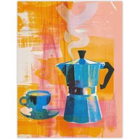 Artery8 Wall Art Print Coffee Pot & Espresso Cup Pink Orange Fun Bright Poster | Size: W24" x H32"